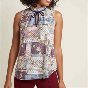 Modcloth Patchwork Tie Neck Sleeveless Blouse